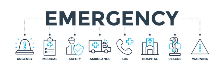 Emergency banner concept with icon of urgency, medical, safety, ambulance, sos, hospital, rescue, and warning. Web icon vector illustration 