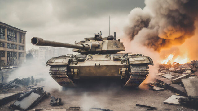 battle tank with smoke and fire in background. Destroyed building in town with burning structures after military attack during war.