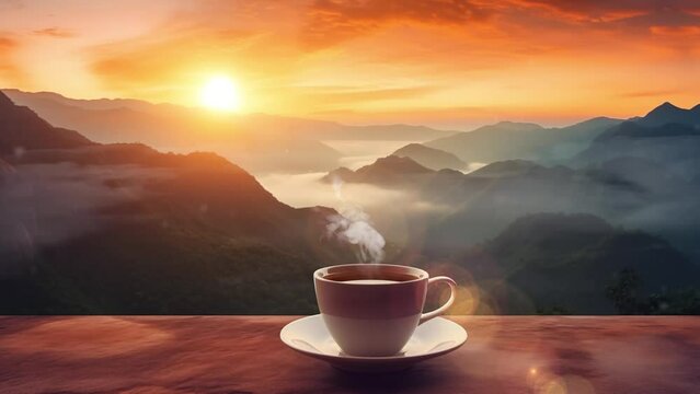  morning cup of coffee with mountain background. seamless looping overlay 4k virtual video animation background 