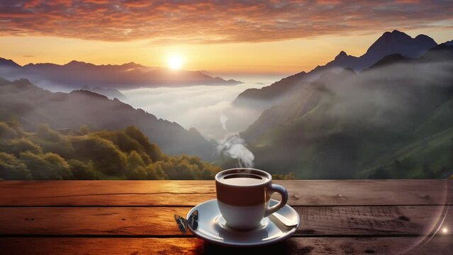 morning cup of coffee with mountain background. morning in the mountains. seamless looping overlay 4k virtual video animation background 