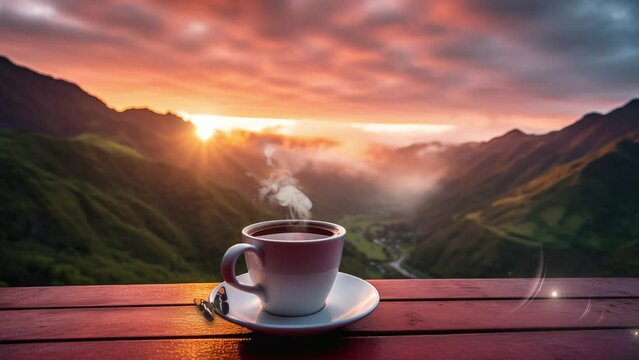 beautiful sunrise background. morning cup of coffee with mountain background. morning coffee in the mountains. seamless looping overlay 4k virtual video animation background 