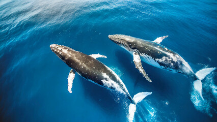 Fototapeta premium Aerial view of humpback whales swimming close to the surface in deep blue ocean 