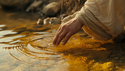 jesus hand touching water at the river - obrazy, fototapety, plakaty