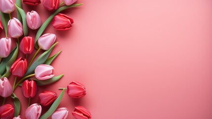 Obraz premium Pink tulips with fresh green leaves on a pink background. Beautiful background for a holiday, valentine's day, women's day. An empty space for the text.