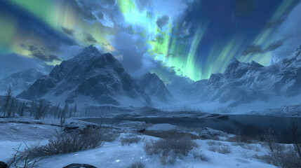 Majestic mountains under the winter sky with the aurora borealis
