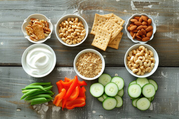 A variety of healthy snacks, including crisp vegetables, nuts, seeds, and whole grain crackers