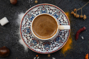 Coffee Pot (Cezve) and Turkish Coffee (Turk Kahvesi) in the Middle of Coffee Beans Photo, Uskudar Istanbul, Turkiye (Turkey)