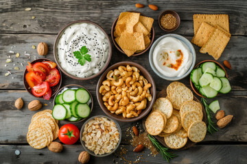 Fototapeta na wymiar A variety of healthy snacks, including crisp vegetables, nuts, seeds, and whole grain crackers