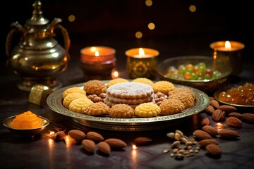 Deepavali cookies on a plate and table, surrounded by delicious sweet treats like maruku, ladoo and biscuits