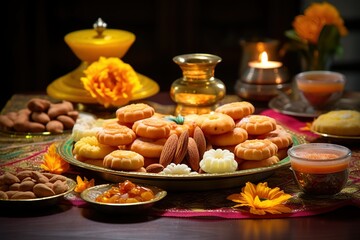 Fototapeta premium Deepavali cookies on a plate and table, surrounded by delicious sweet treats like maruku, ladoo and biscuits