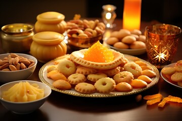 Deepavali cookies on a plate and table, surrounded by delicious sweet treats like maruku, ladoo and biscuits