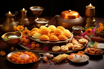Deepavali cookies on a plate and table, surrounded by delicious sweet treats like maruku, ladoo and biscuits
