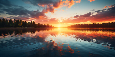Beautiful sunset on the lake. Landscape with a lake.