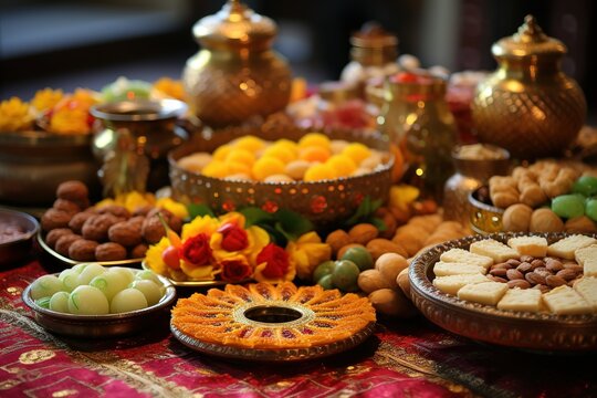 Deepavali cookies on a plate and table, surrounded by delicious sweet treats like maruku, ladoo and biscuits