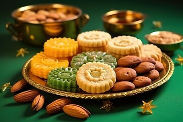 Deepavali cookies on a plate and table, surrounded by delicious sweet treats like maruku, ladoo and biscuits