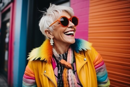 Portrait of happy senior woman in orange sunglasses on urban background.