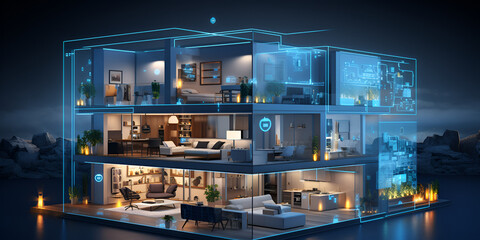 A 3d model of a smart house with a glass façade house tech technology business digital virtual reality futuristic from home interior hotel of the future design  