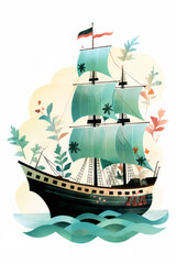 Pirate ships and sail in watercolor style on white background Created with Generative AI technology.