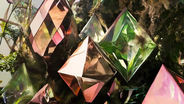 Colorful polyhedral sculptures reflecting light within a wooded environment.
