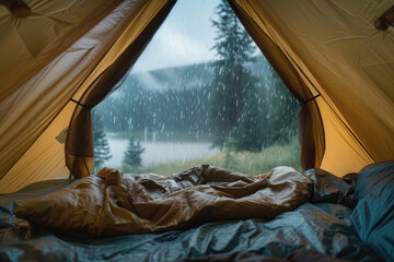 Warm and inviting tent interior during stormy weather