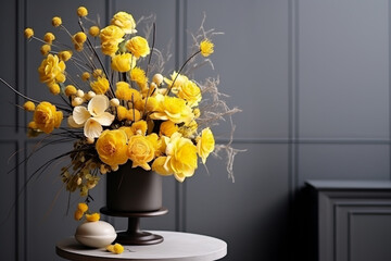 Big bouquet of yellow flowers on pedestal with copy space, room with fresh roses