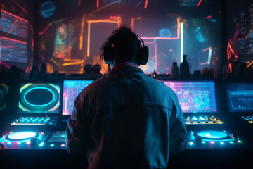 Fototapeta na wymiar DJ player audio mixing electronic music in a nightclub party Created with Generative AI technology.