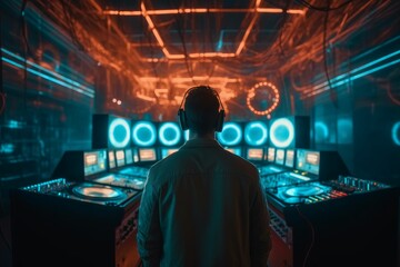 Fototapeta premium DJ player audio mixing electronic music in a nightclub party Created with Generative AI technology.