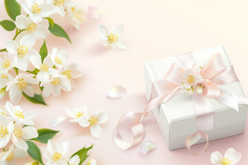Spring gift box with white flowers and pastel ribbon, illustration