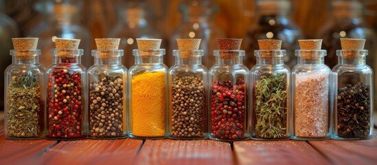 Various Dried Spices in Glass Jars: A Colorful Collection of Various Dried Spices displayed in Glass Jars adds a Stunning Pop of Flavor to Any Kitchen