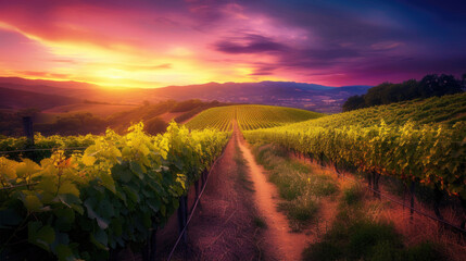 The last light of day gently envelops a serene vineyard landscape