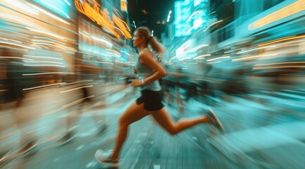 A young female runner jogging at night on a city street with street lights with night exercise concept
