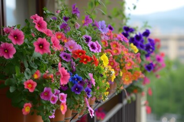 Colorful flowers growing in pots on the balcony.