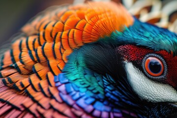 Closeup abstract background image of colorful ring-necked pheasant feathers. - obrazy, fototapety, plakaty