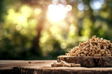 Stack of biomass wood pellets and woodpile on blurred background