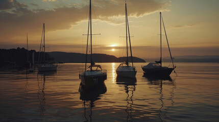 A ballet of boats adrift as the sun dips below the horizon