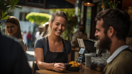 a coffee shop as a beautiful woman waiter processes a store payment with a customer's credit card