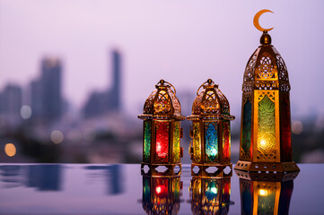 Selective focus on big lantern with dusk sky and city bokeh light background for the Muslim feast of the holy month of Ramadan Kareem.