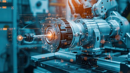 Obraz premium The AI robotic arm in the factory effortlessly operates the automated welding lathe, utilizing an overlay HUD system for seamless monitoring and control of the manufacturing process