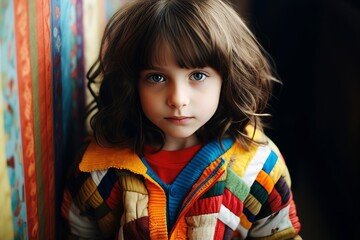portrait of a beautiful little girl with curly hair in a colorful sweater