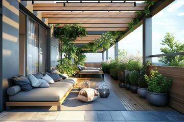 Cozy outdoor roof terrace with pergola and potted plants in minimal style