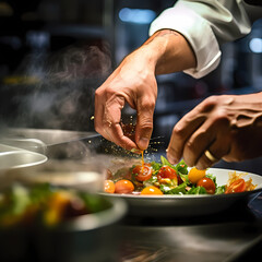 Close-up of a chefs hands finishing a dish.