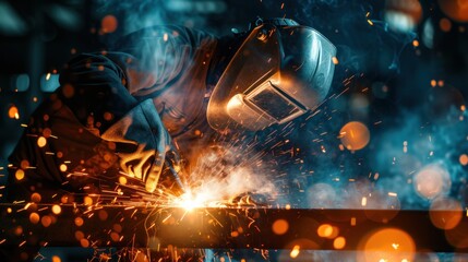 Industrial welder in action welding sparking bokeh in factory
