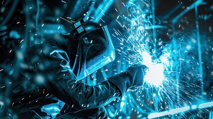 Industrial welder in action welding sparking bokeh in factory