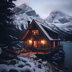Cozy cabin in the snow-covered mountains. 