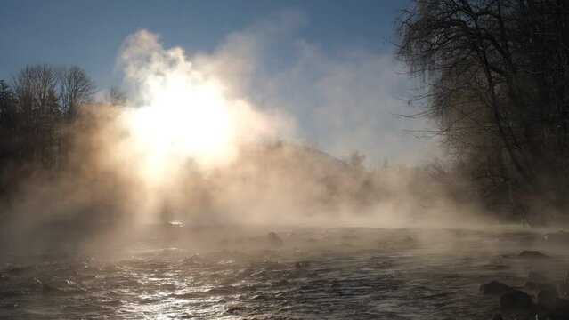 Video sunrise with fog on the Isar, Isar floodplains in winter, near Arzbach, Lenggries, Upper Bavaria, Bavaria, Germany, Europe