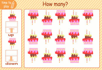 children's educational game, tasks. count how many elements will be placed on the right and how many on the left. cake