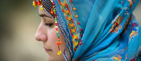 The bead motifs embellish the headscarf, showcasing Turkey's beauty. - obrazy, fototapety, plakaty