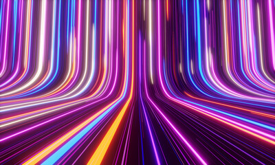 neon rays and glowing lines. abstract futuristic neon background, speed of light, 3d illustration