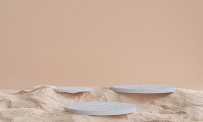 podium on sand background for product presentation. Natural beauty pedestal, 3d illustration