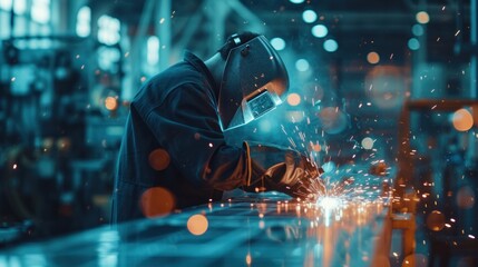 Industrial welder in action welding sparking bokeh in factory